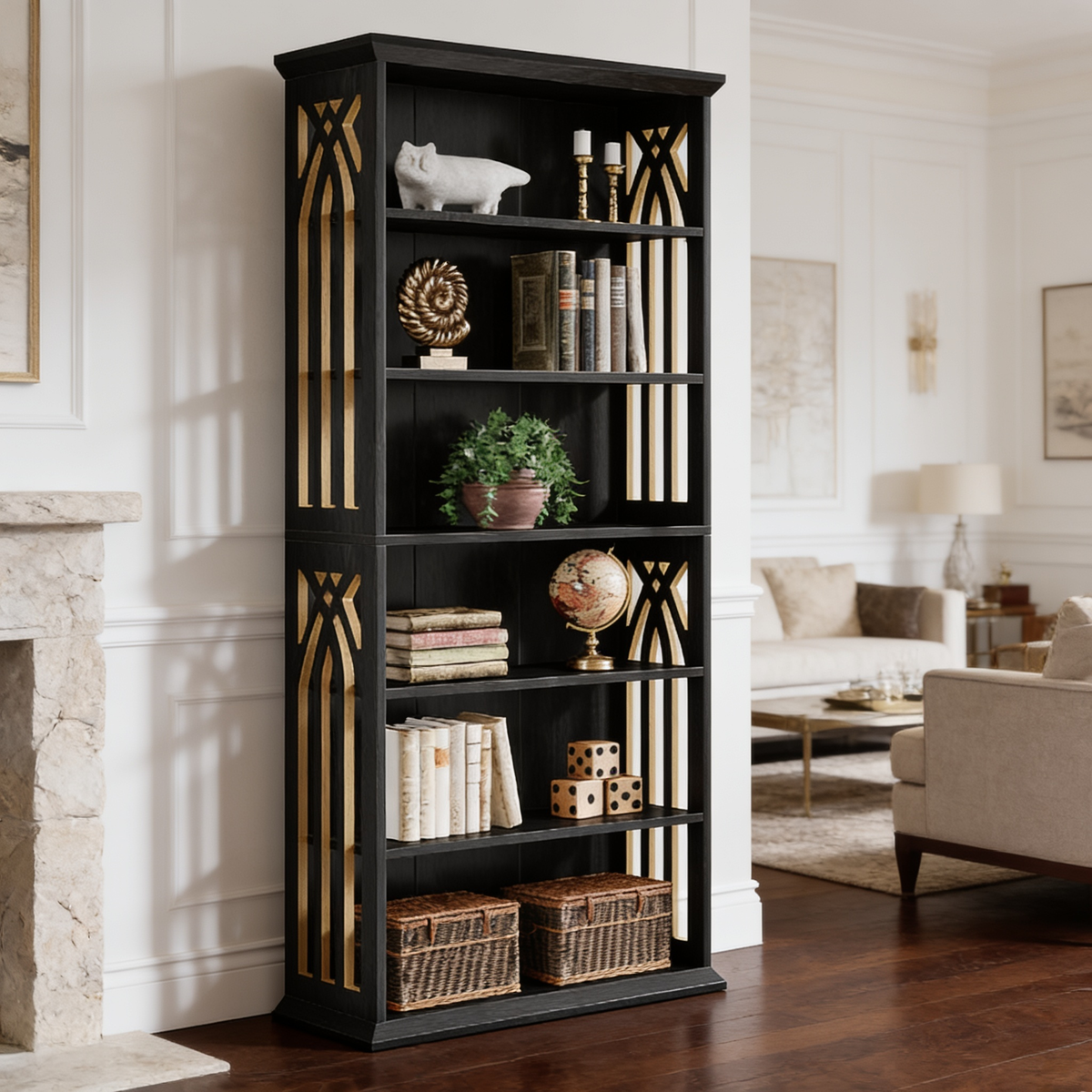 Black bookcase with pale patterned side panels styled with vases and a plant