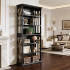 Black six tier bookshelf front on with books, baskets and a leafy plant