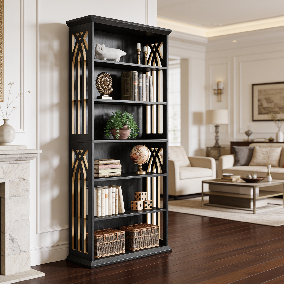 Black six tier bookshelf front on with books, baskets and a leafy plant