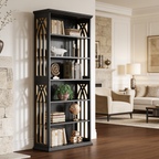 Angled view of the black patterned bookshelf near an armchair and floor lamp