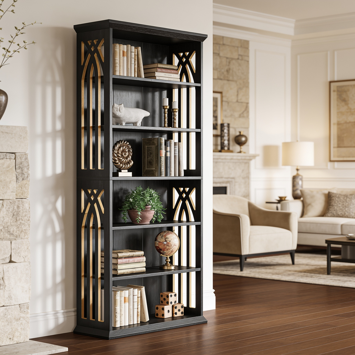 Angled view of the black patterned bookshelf near an armchair and floor lamp