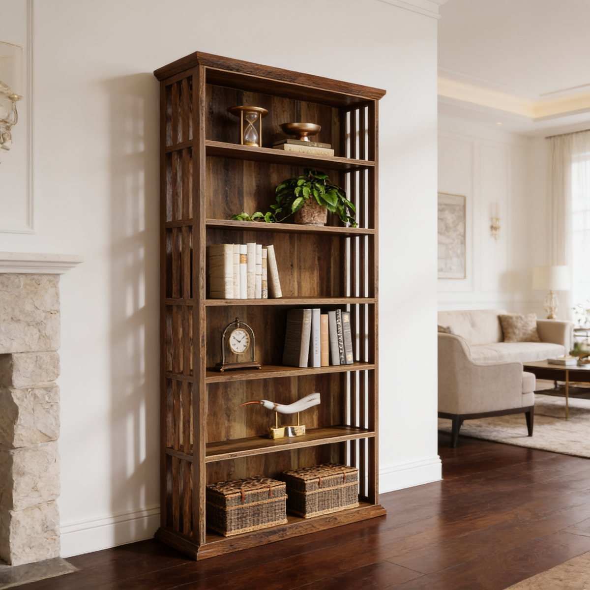 Six tier brown bookcase with trailing plants and books by a white doorway