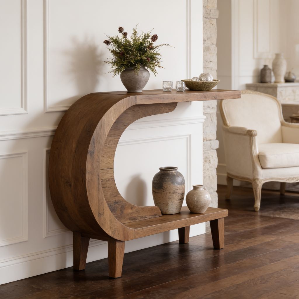 Angled view of the curved console with a plant above and ceramic vases below