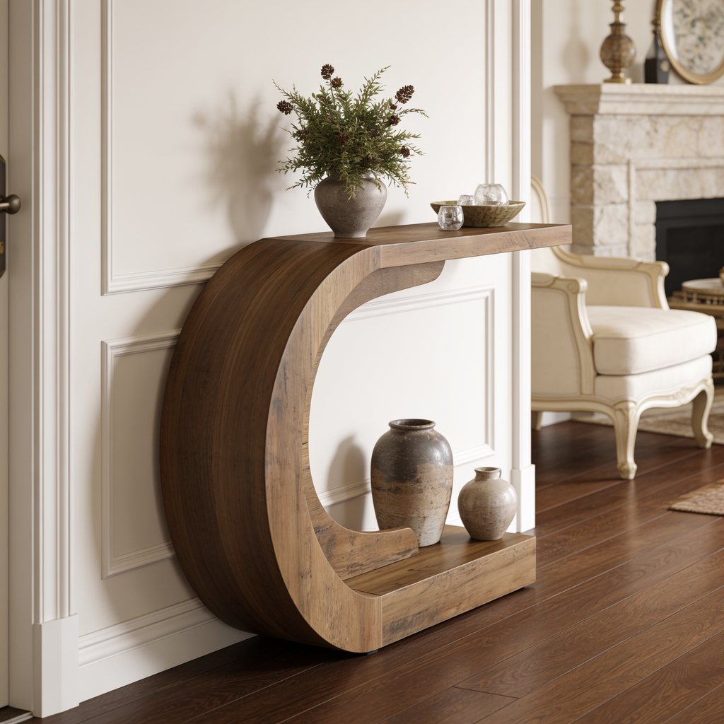 Wood console with a leafy plant on top and pale vases on the floor below