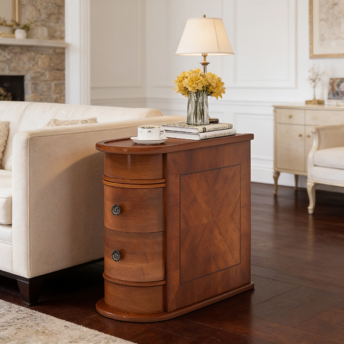 Narrow wood side table by a cream sofa holding books beneath a lamp and yellow blooms