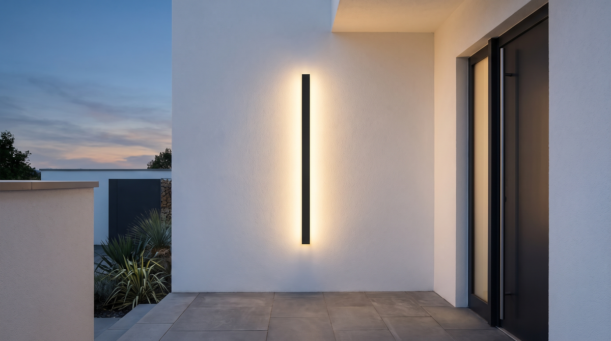 Slim black linear wall light mounted upright beside a doorway