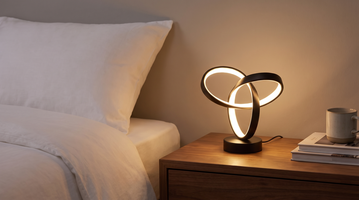 Triple loop LED table lamp glowing on a bedside table