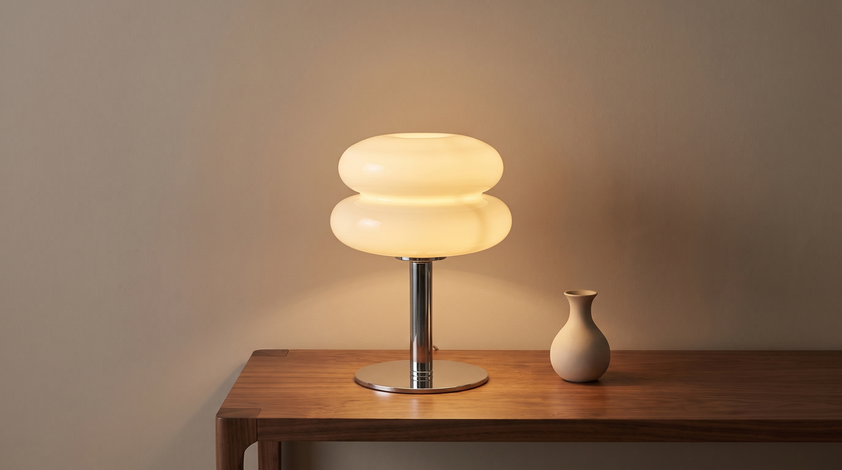 Cream macaron glass table lamp on a walnut console