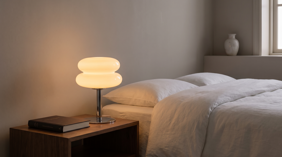 Cream macaron glass lamp beside a book on a bedside table