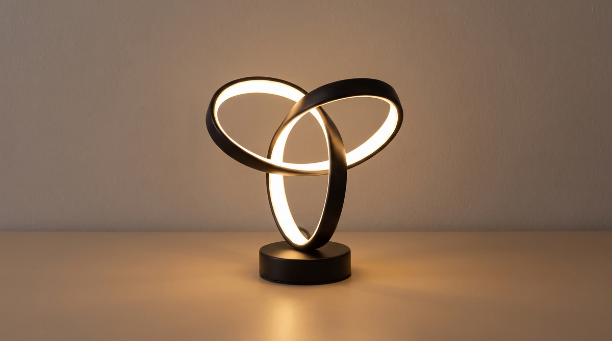 Close view of the three interlocking loops of an LED table lamp