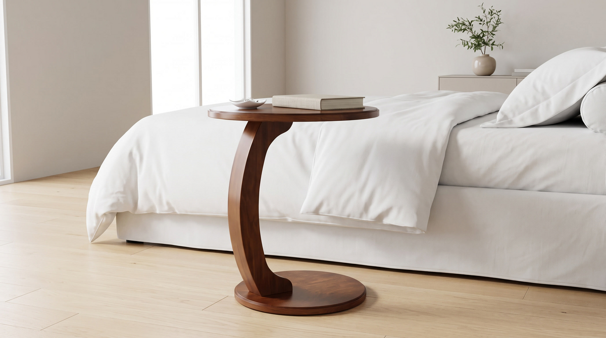 Crescent base side table used as a nightstand
