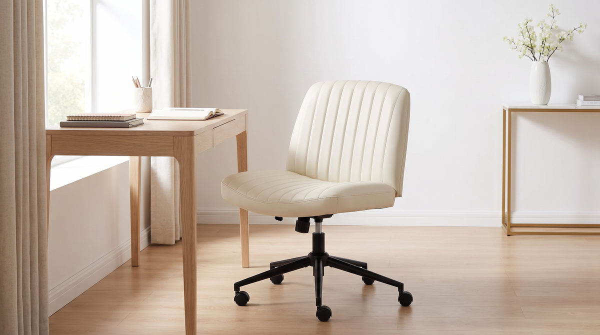 Armless criss cross desk chair pulled up to a pale oak desk