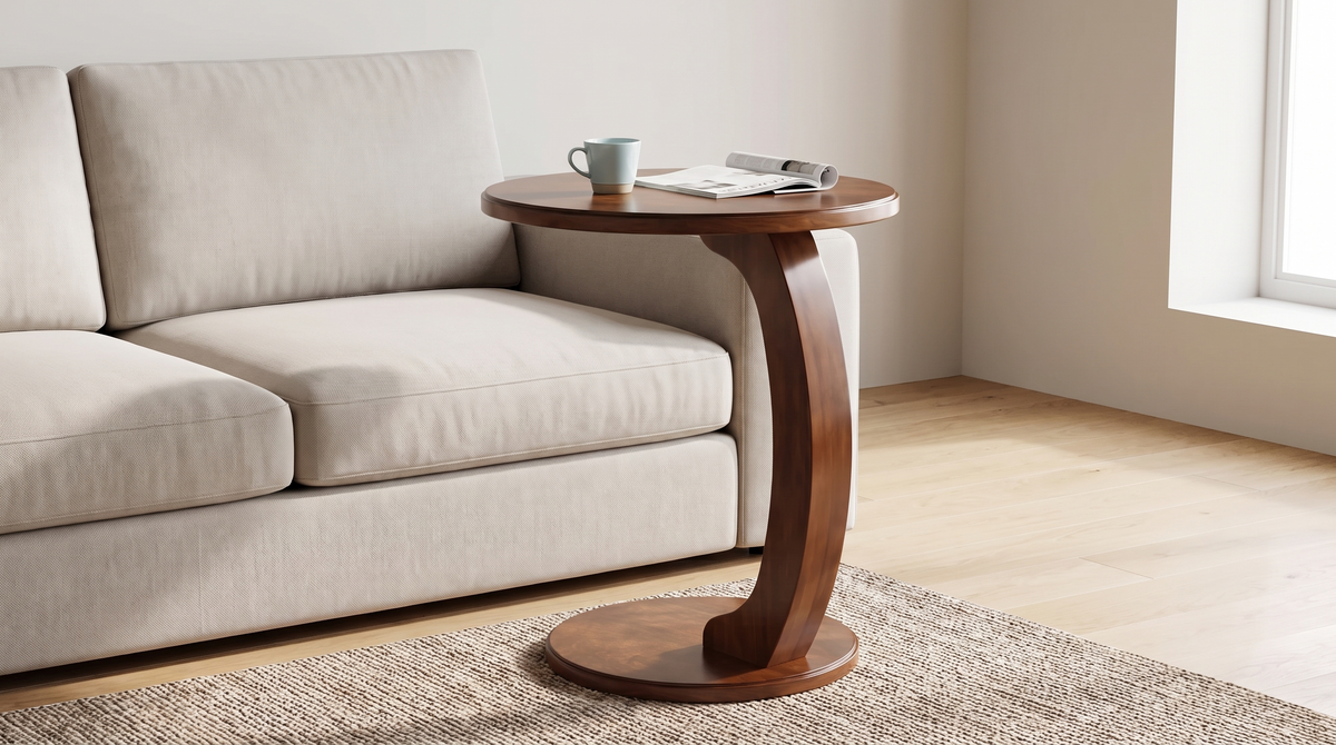 Crescent base round side table beside a sofa