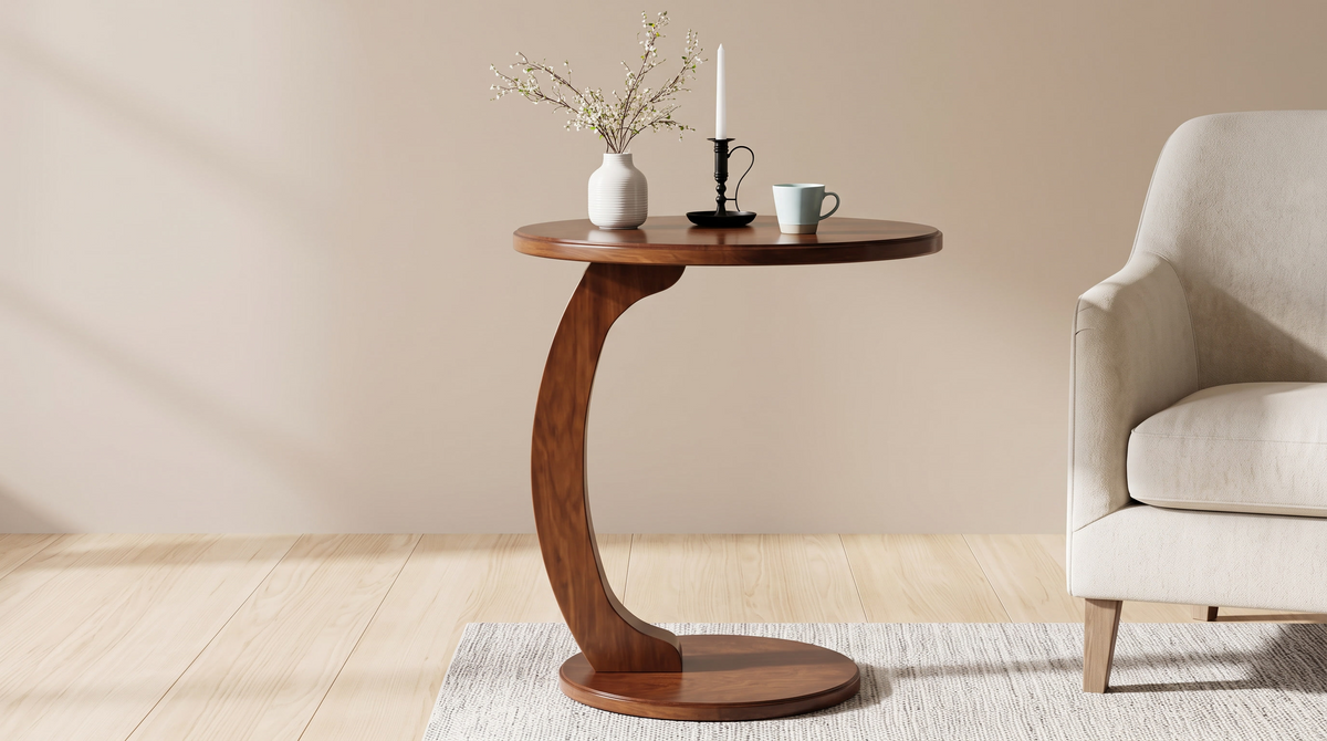 Close view of the curved wood band under a round side table