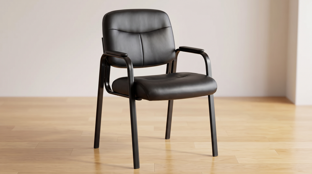 Close view of the padded seat and armrests of a guest chair