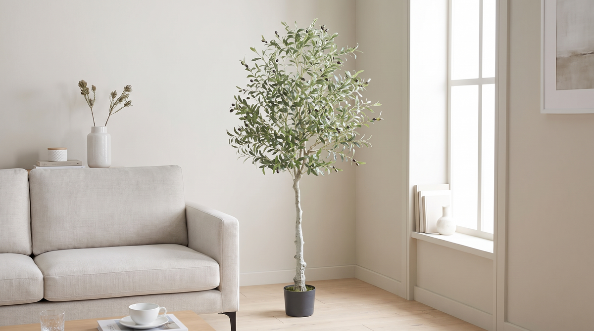 Six foot faux olive tree in a small nursery pot