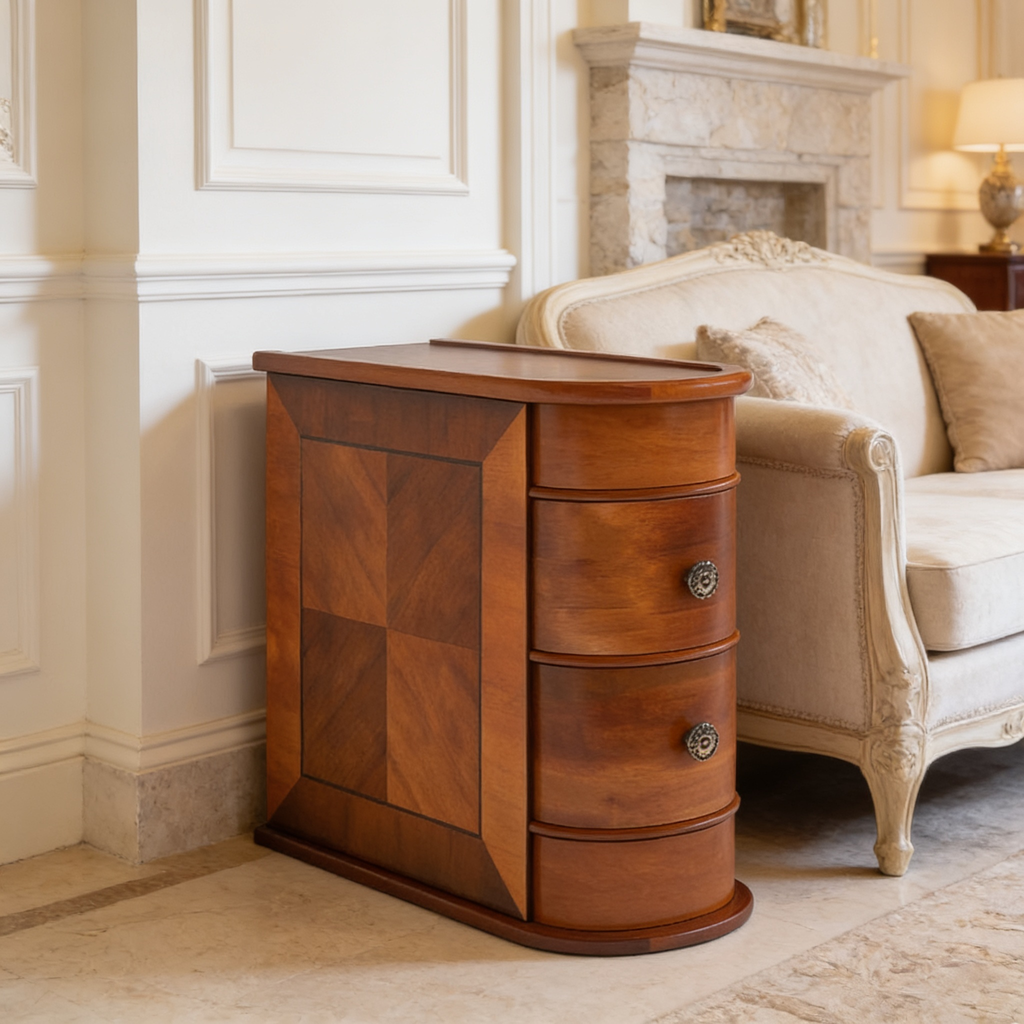 Straight on view of the narrow wood nightstand beside a cream armchair