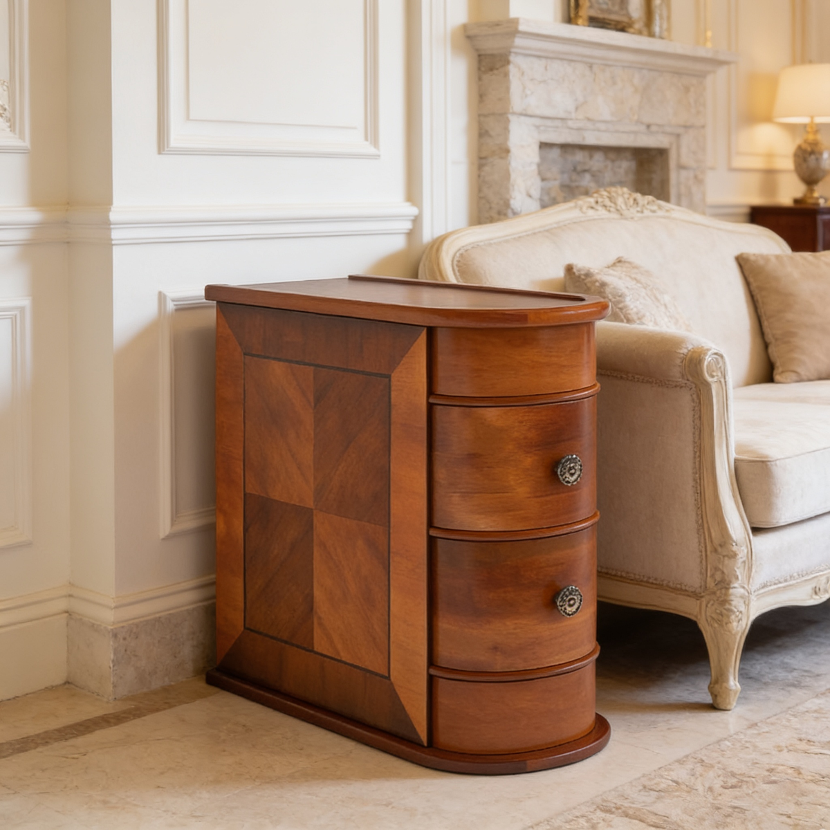 Straight on view of the narrow wood nightstand beside a cream armchair