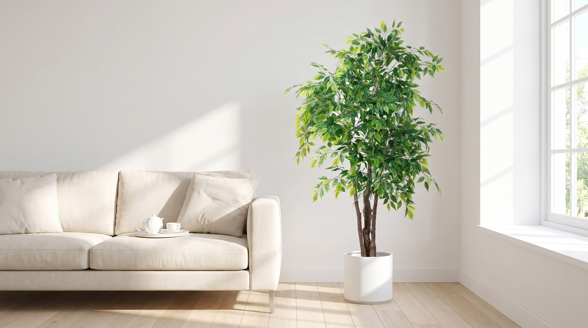 Faux ficus tree in a white planter in a living room corner