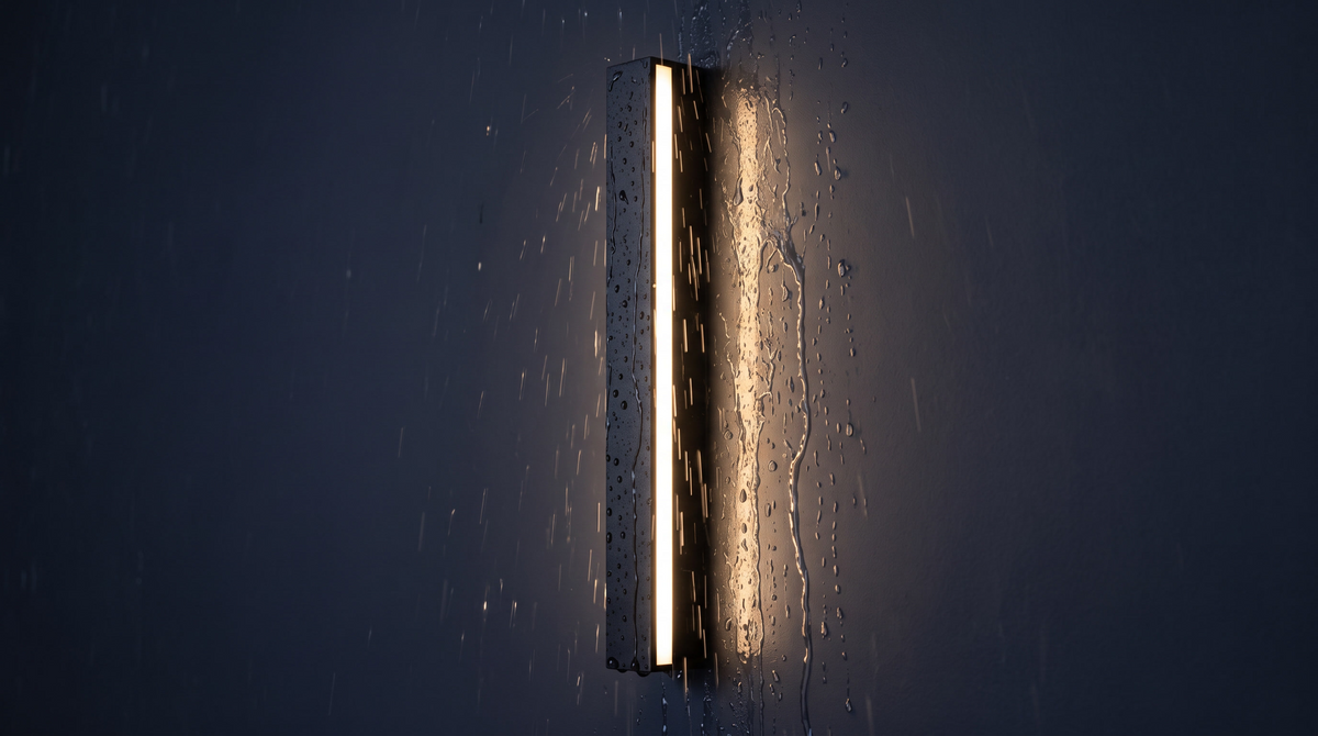 Linear outdoor wall light glowing through heavy rain