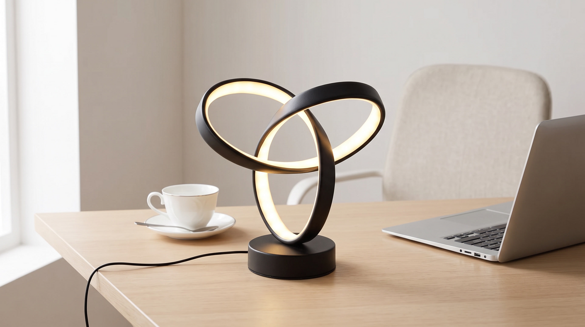 Triple loop LED lamp on the corner of a tidy desk