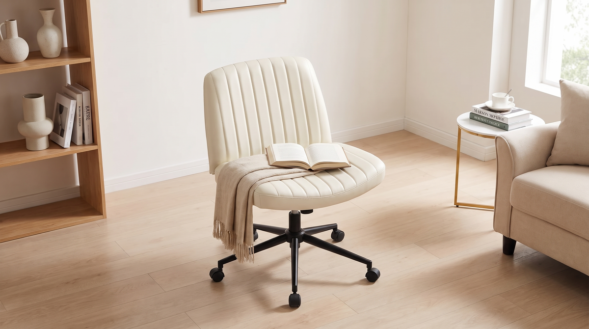 Wide armless desk chair seen from above with a throw and a book on the seat