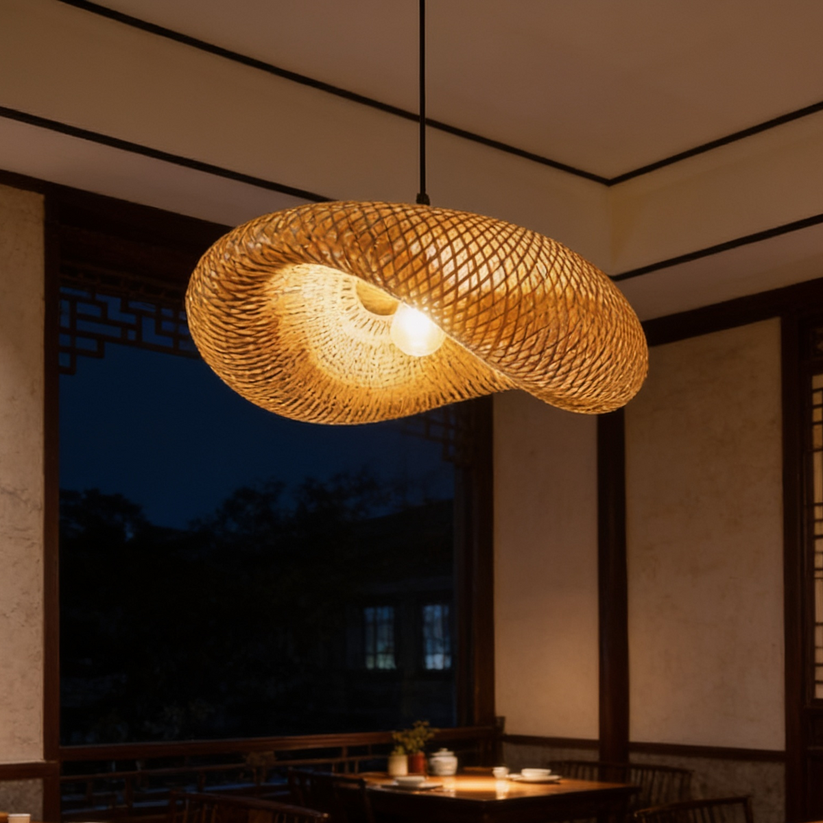 Wide woven bamboo saucer shade glowing beneath a dark timber ceiling at night