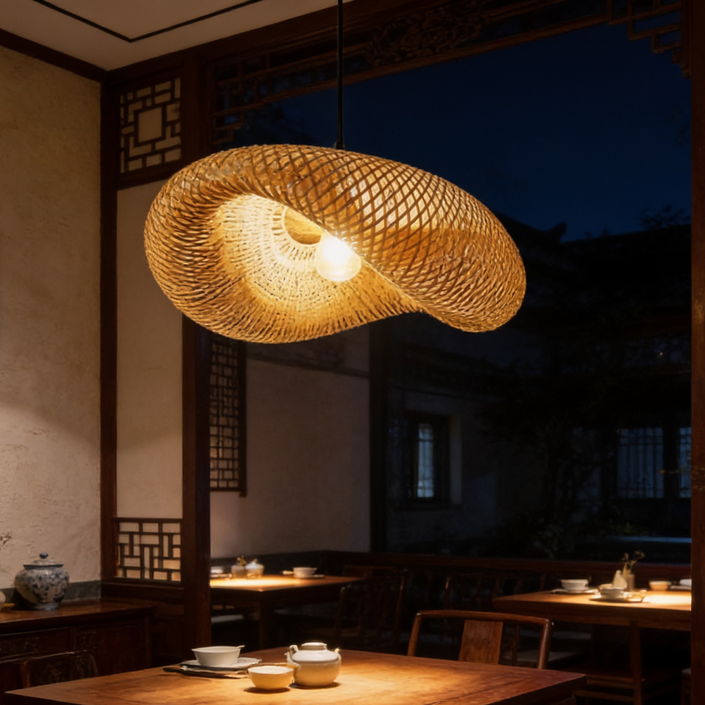 Lit saucer pendant with a rippled rim above set dining tables in a dim room