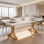Faux marble dining table on gold fan legs set with plates beside tall windows