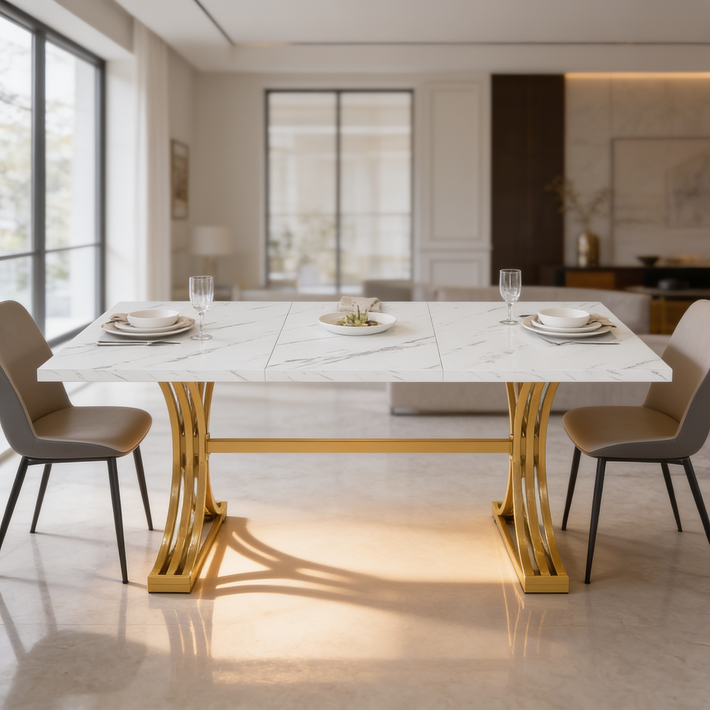 Marble top dining table with gray and cream chairs in an open kitchen space