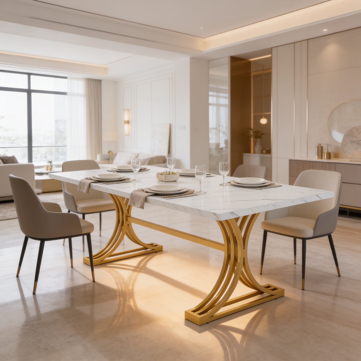 Rectangular white dining table set for six in a bright open living area