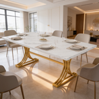 Marble dining table seen from the end with cream chairs and place settings