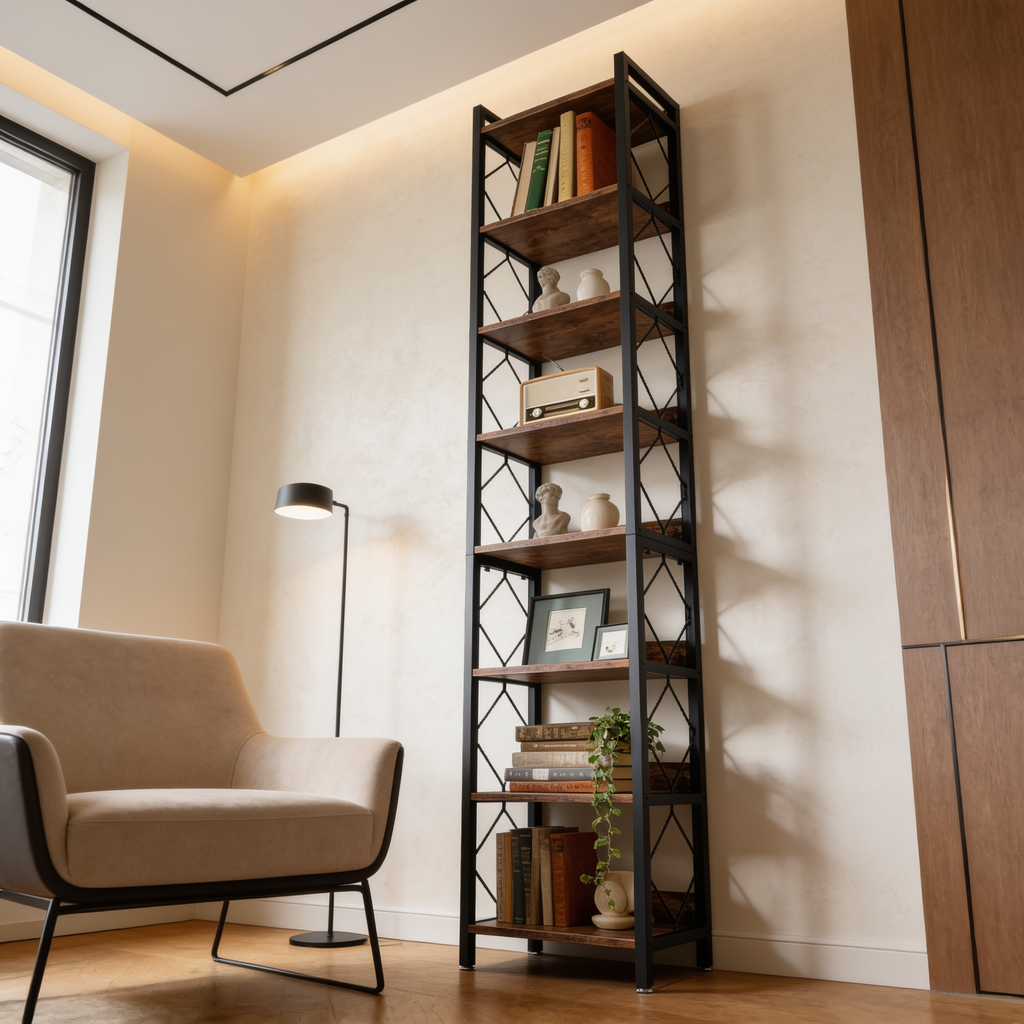 Tall thin bookcase lit in an alcove with a cream armchair beside it