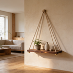 Rope hung wood shelf on a plaster wall holding small potted plants