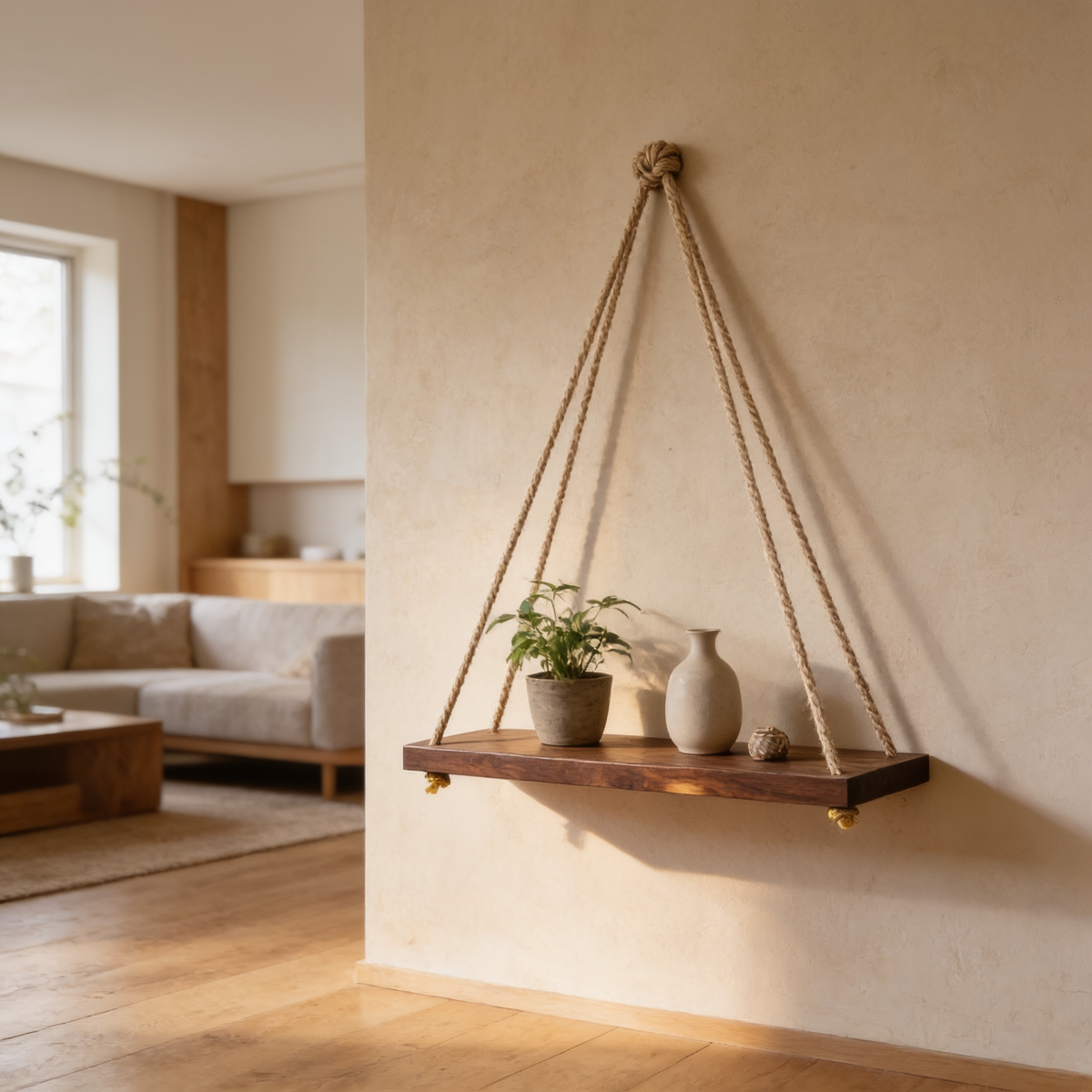 Rope hung wood shelf on a plaster wall holding small potted plants