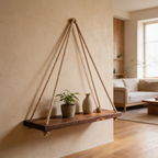 Rope shelf on a warm beige wall with three small pots above a sofa