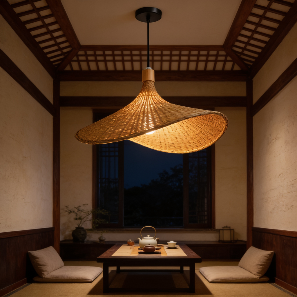 Two woven straw hat pendants lit in a room with a dark wood ceiling and window