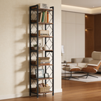 Narrow display shelf next to wood paneling and a leather lounge chair