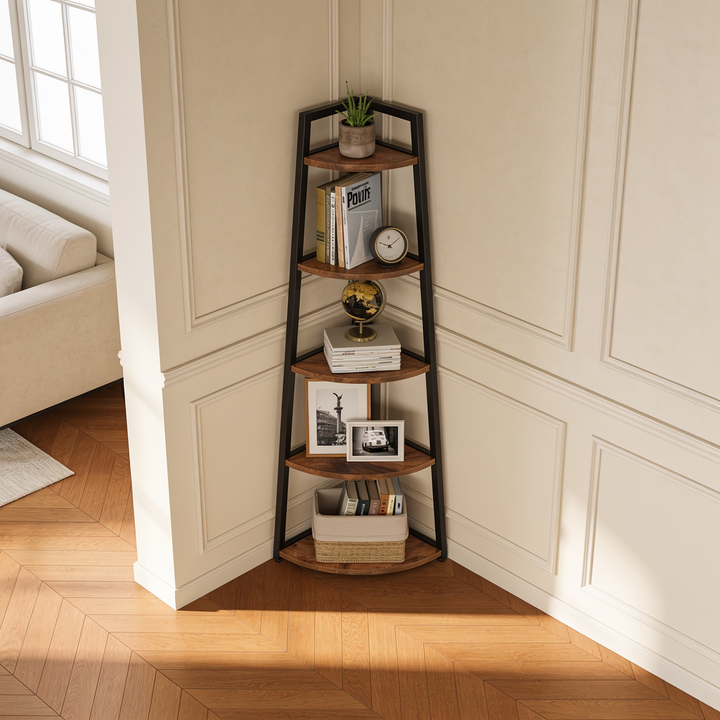 Black framed corner shelf against a white paneled wall on a wood floor