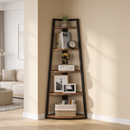 Brown corner ladder shelf in a living room corner with framed prints and baskets