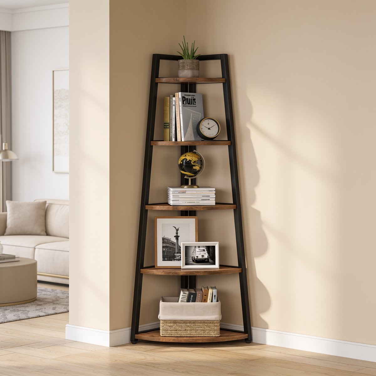 Brown corner ladder shelf in a living room corner with framed prints and baskets
