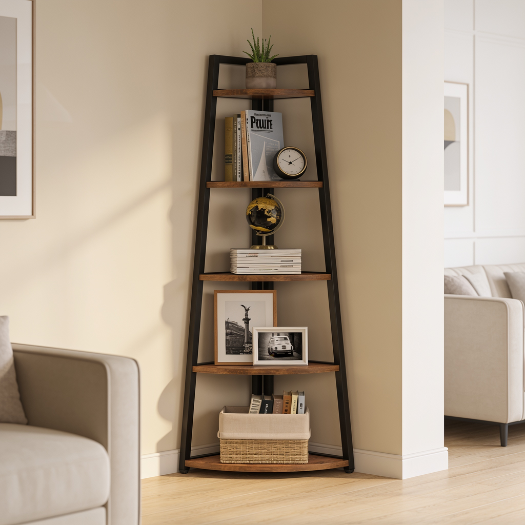 Rustic brown and black five tier corner shelf styled with books and a plant by a sofa