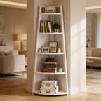 White five tier corner shelf filled with books and boxes in a bright living room