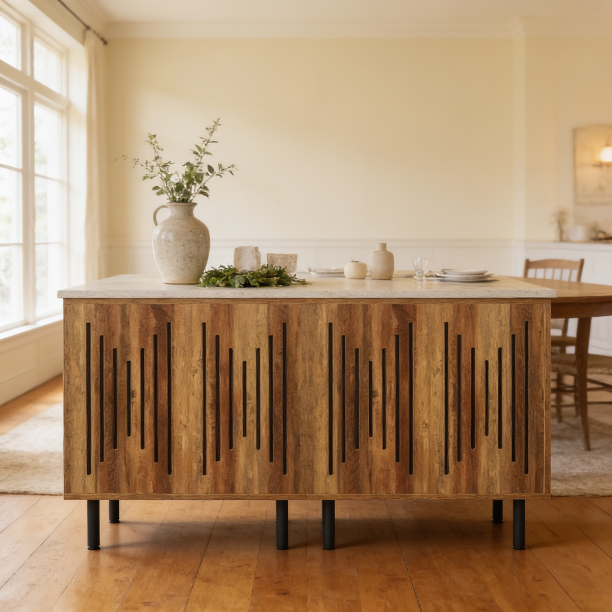 Slatted wood storage unit used as a long dining room island beside a window