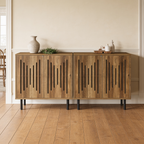 Two slatted wood cabinets joined along a pale hallway wall under a tall stoneware vase