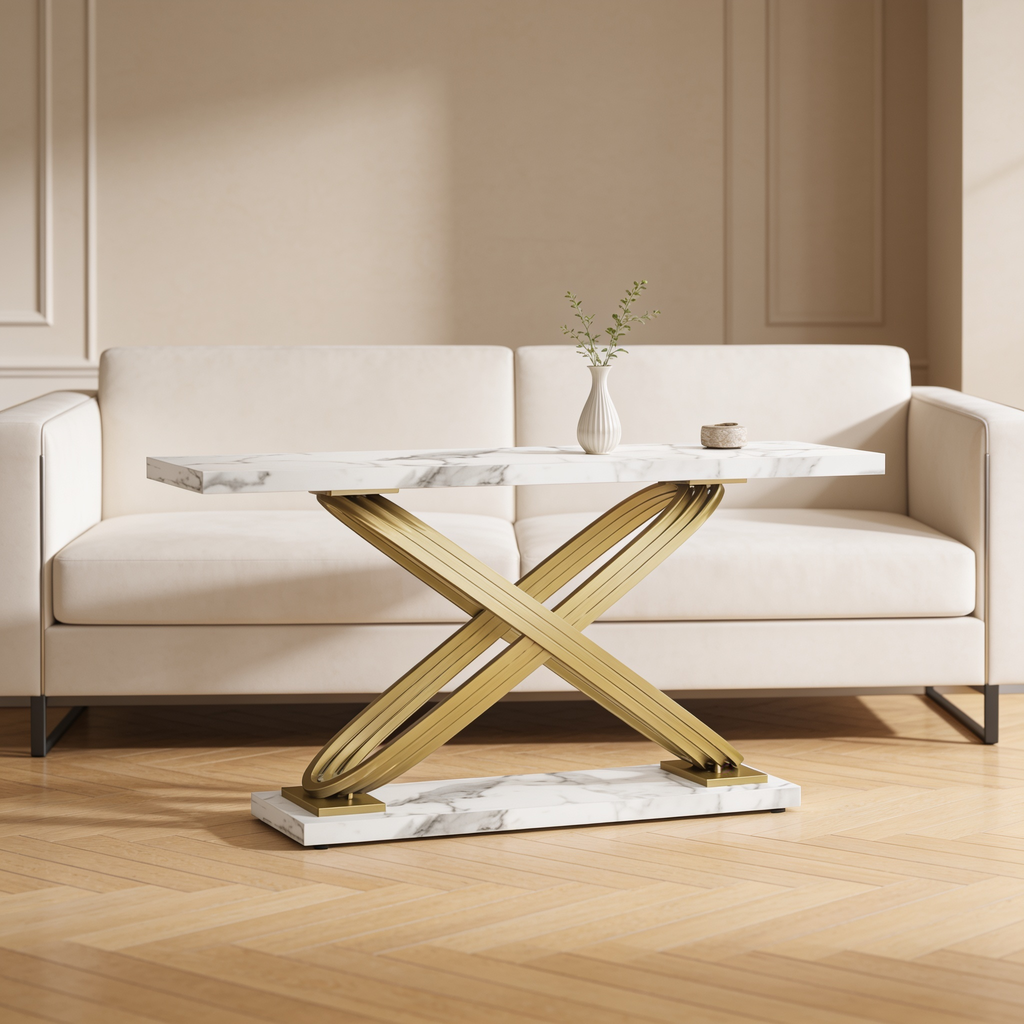 Faux marble console table on a gold metal X base standing behind a cream sofa