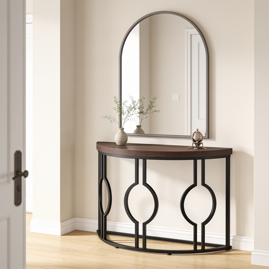 Black metal half moon console table with wood top under an arched hallway mirror