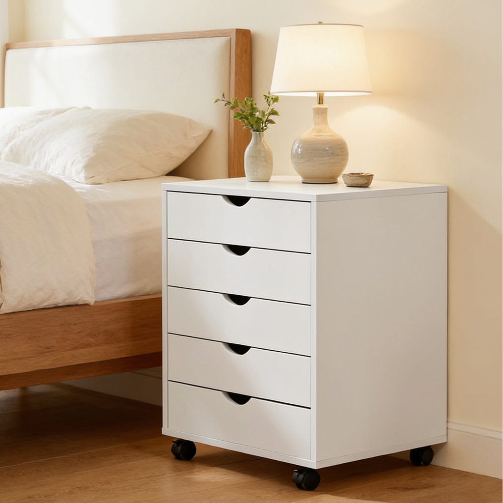 White five drawer bedside cabinet beside a wood bed with a lamp and plant on top
