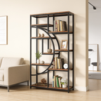 Freestanding etagere with nine open shelves seen beside a bright doorway
