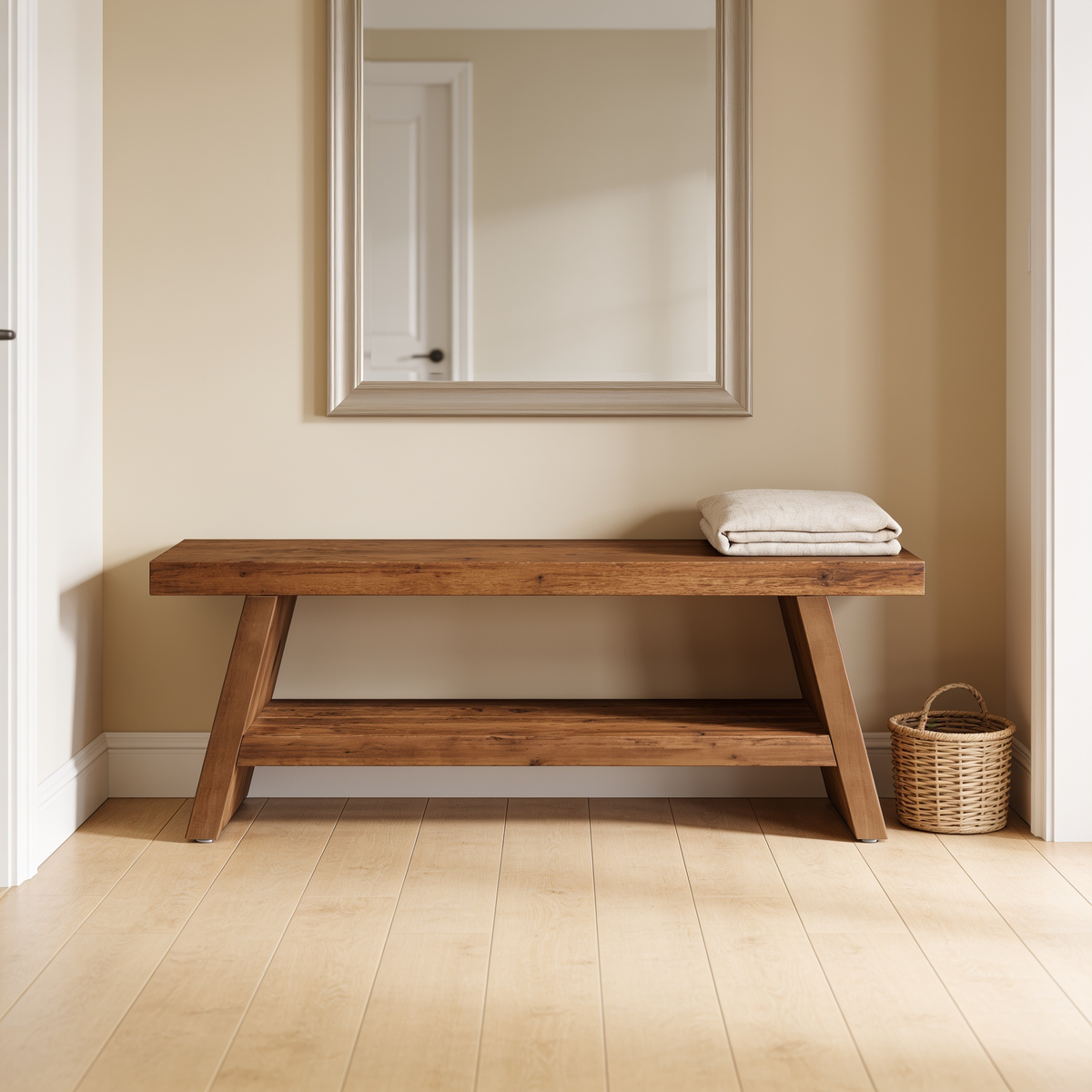 Slim wood bench under a wall mirror with a small pot on the floor beside it